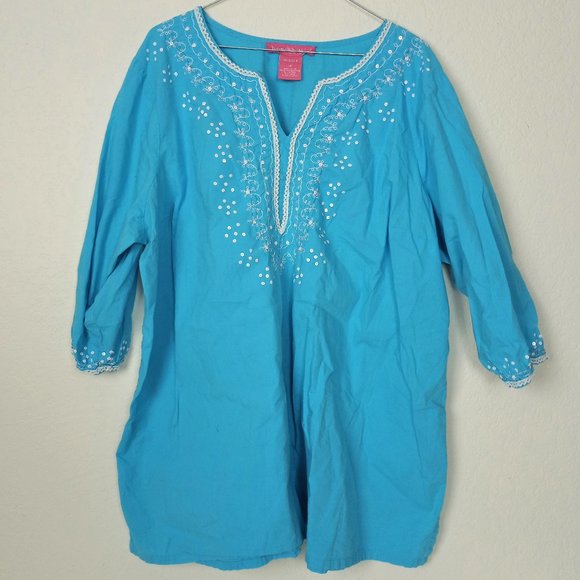 Woman Within Tops - Woman Within Embroidered Tunic 1X Teal Sequined